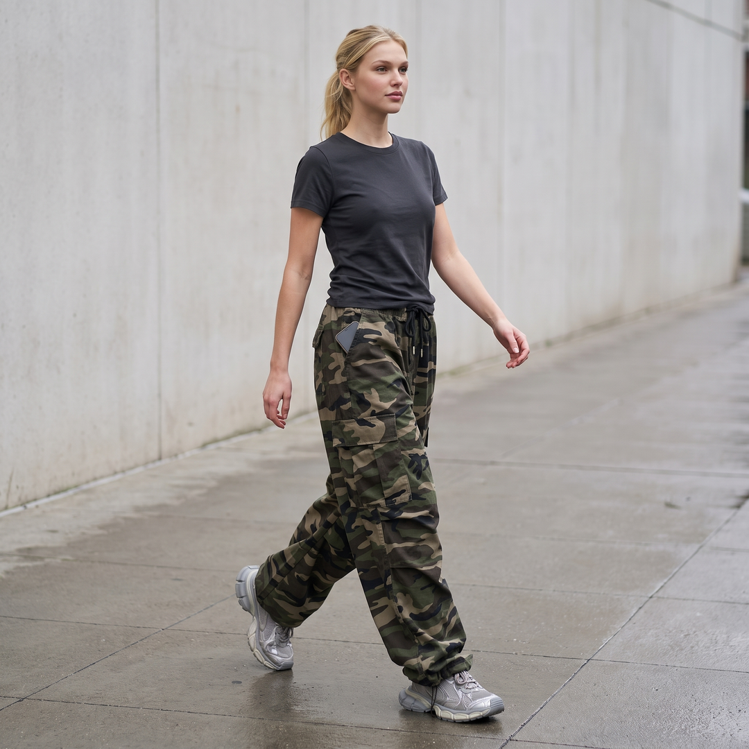 Woman walking a US sidewalk in the camo cargo pants, phone in the hip pocket