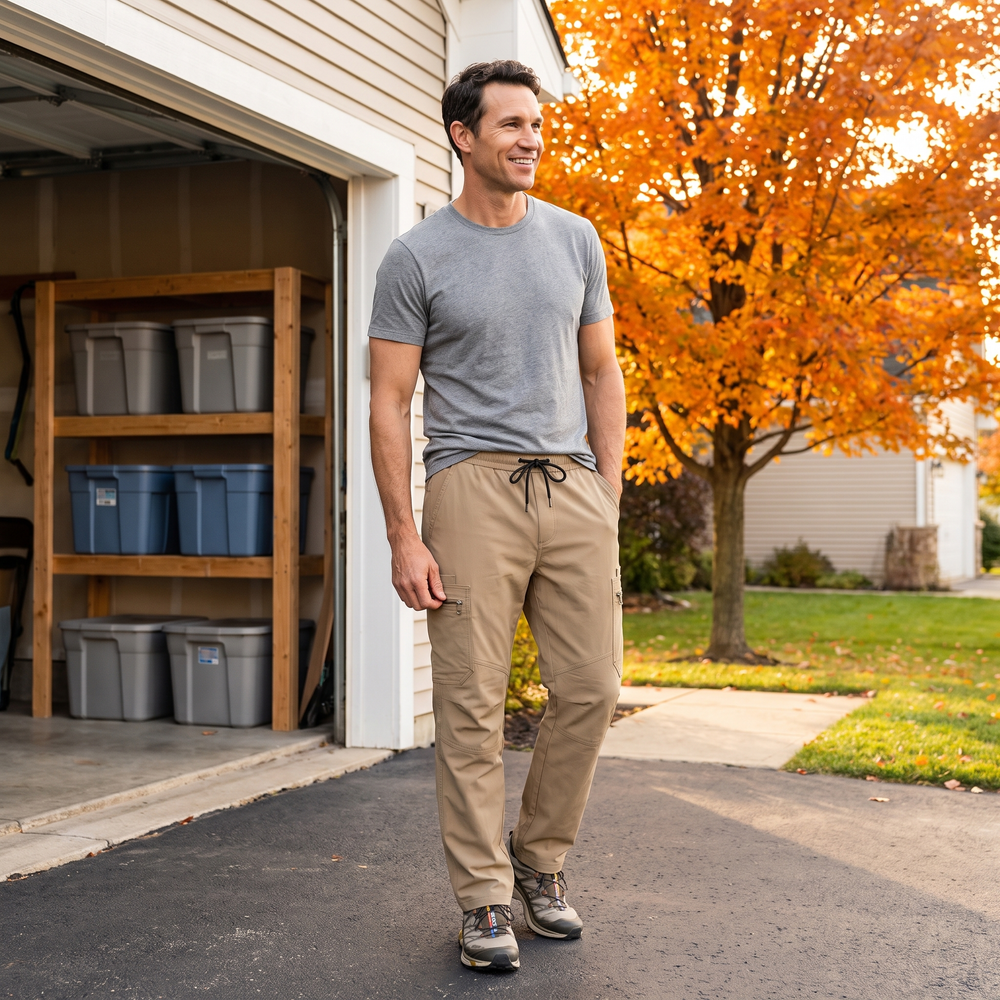 Man in a suburban driveway zipping the thigh pocket of khaki elastic waist cargo pants
