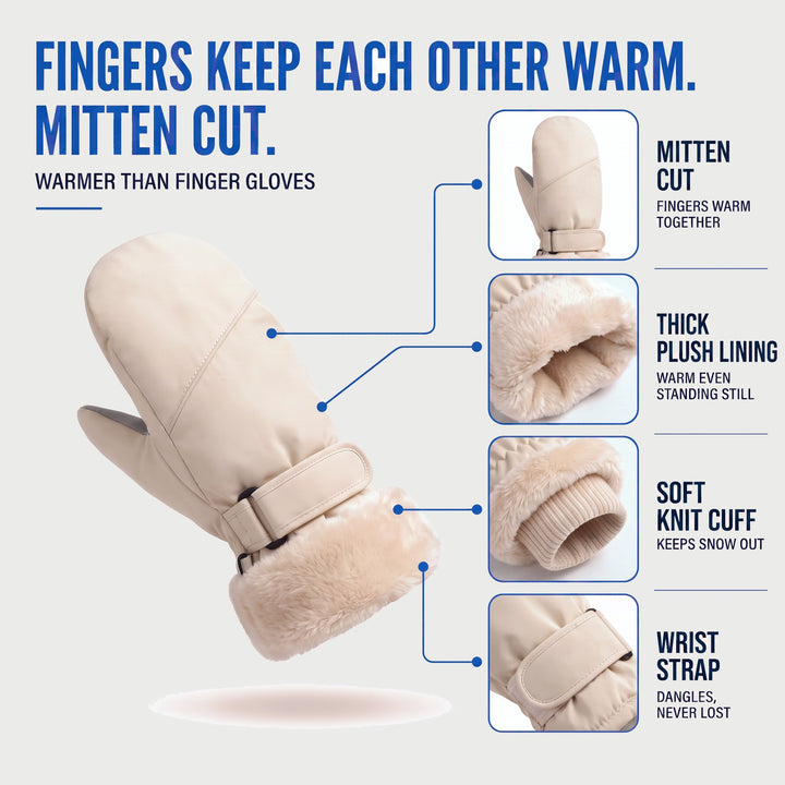 Ski mitten features: mitten cut, thick plush lining, soft knit cuff, wrist strap