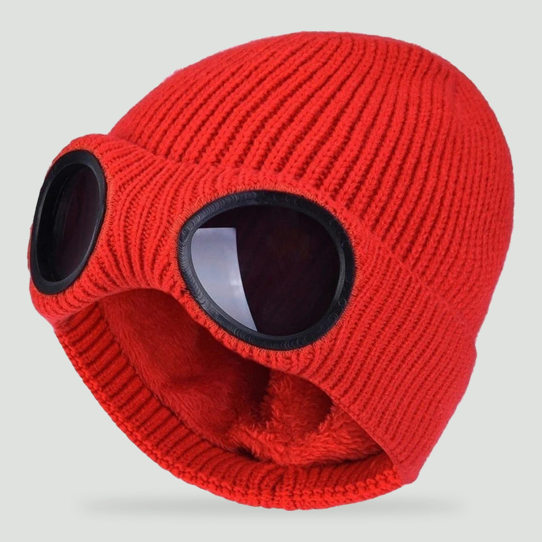 Goggle beanie in Red with built-in lenses and fleece lining