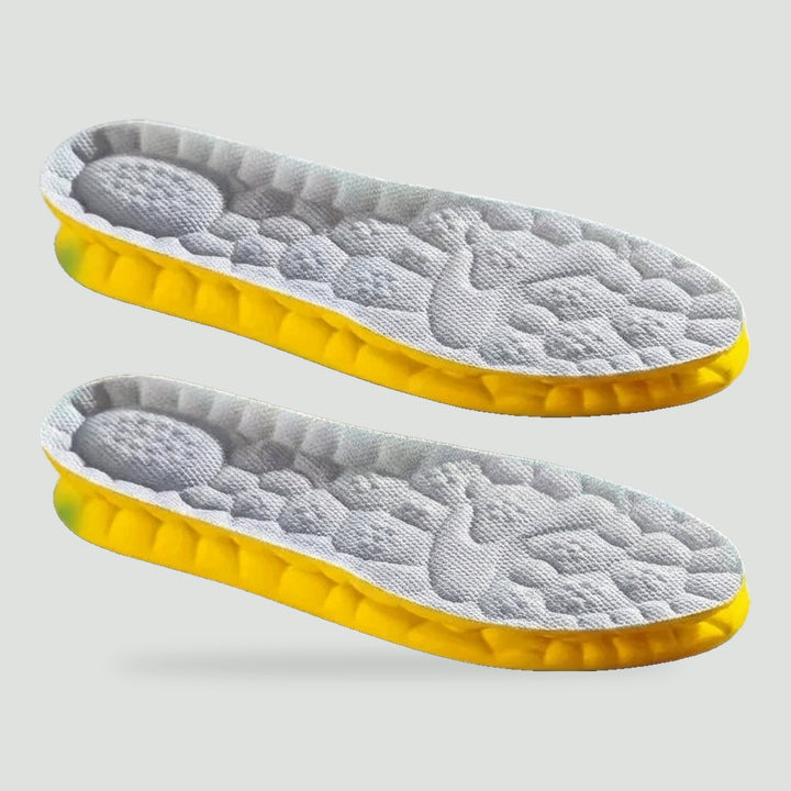 Cushioned shoe insoles in Gray with yellow cushioned base, one pair