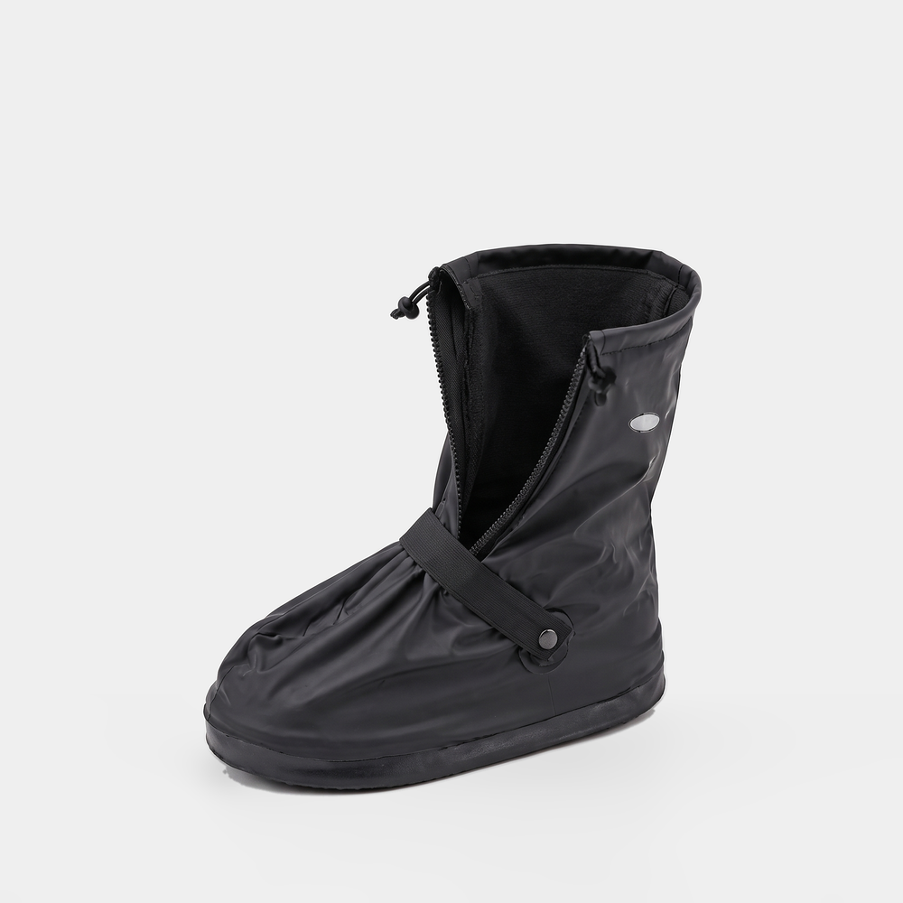 Rain shoe cover with the front zipper fully open to step in with shoes on