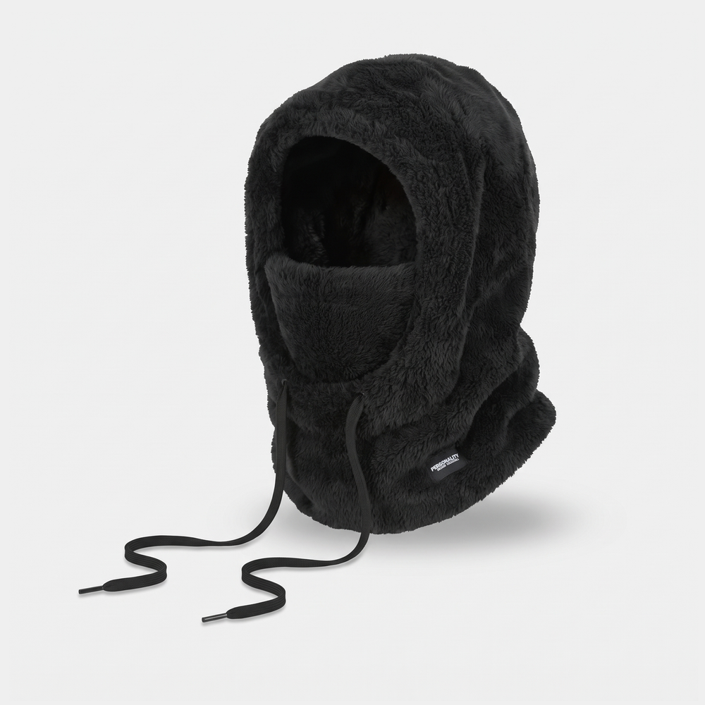 Fleece balaclava hood in Black, three-quarter side view showing the neck section and label