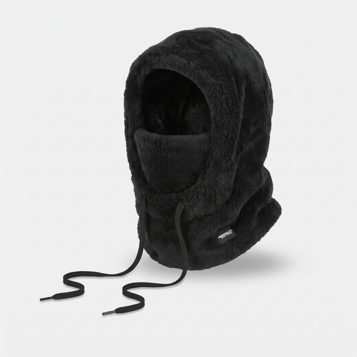 Fleece balaclava hood in Black, three-quarter side view showing the neck section and label