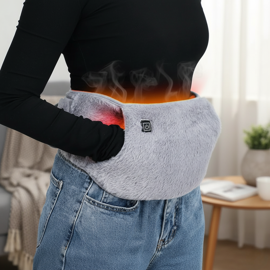 Woman wearing the heated waist belt with her hand in the front pocket