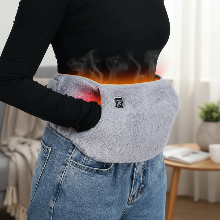 Woman wearing the heated waist belt with her hand in the front pocket