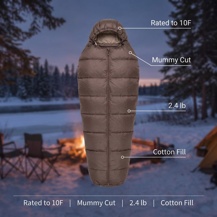 Mummy sleeping bag rated to 10°F with cotton fill, weighing 2.4 lb
