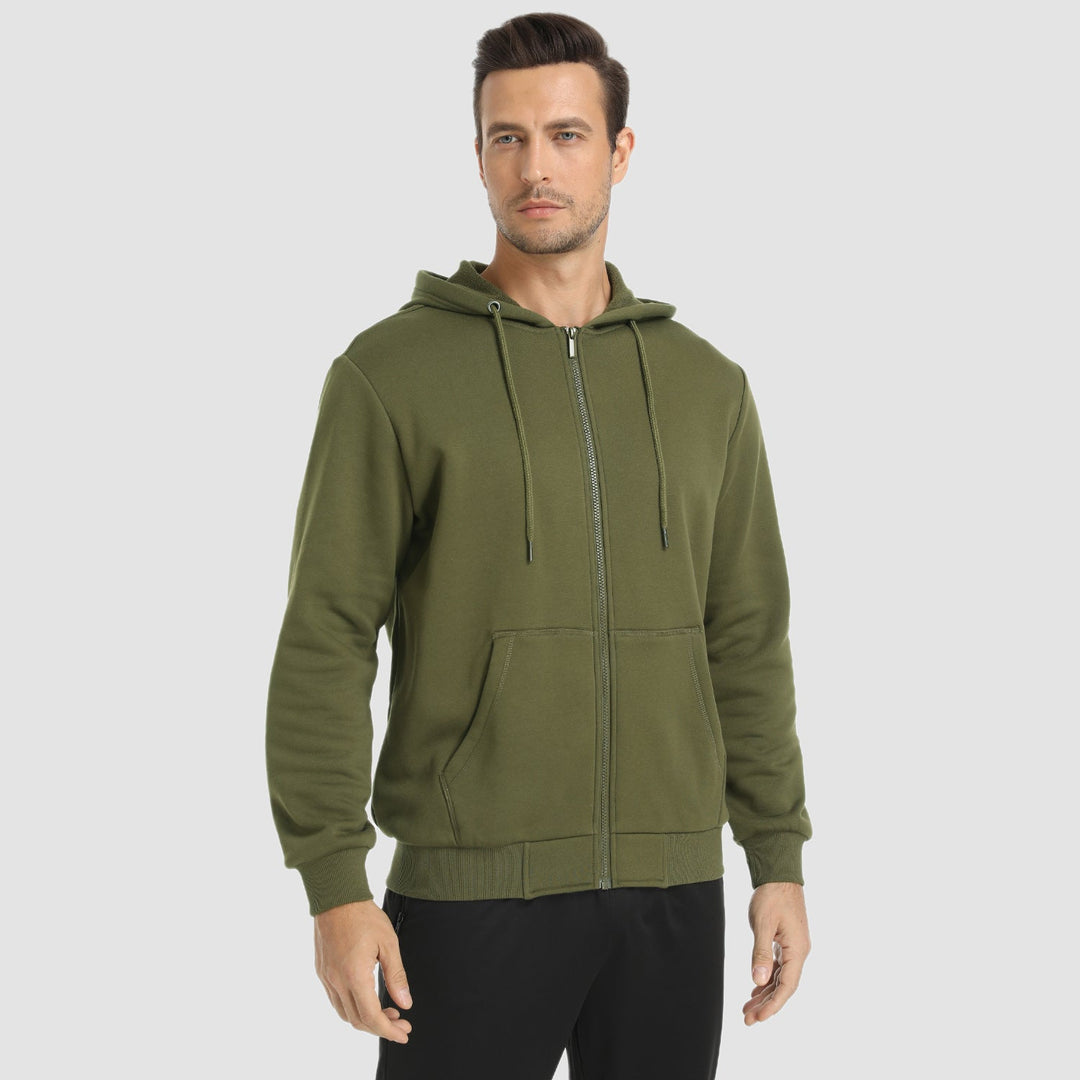 Man wearing the men's zip up hoodie in Army Green