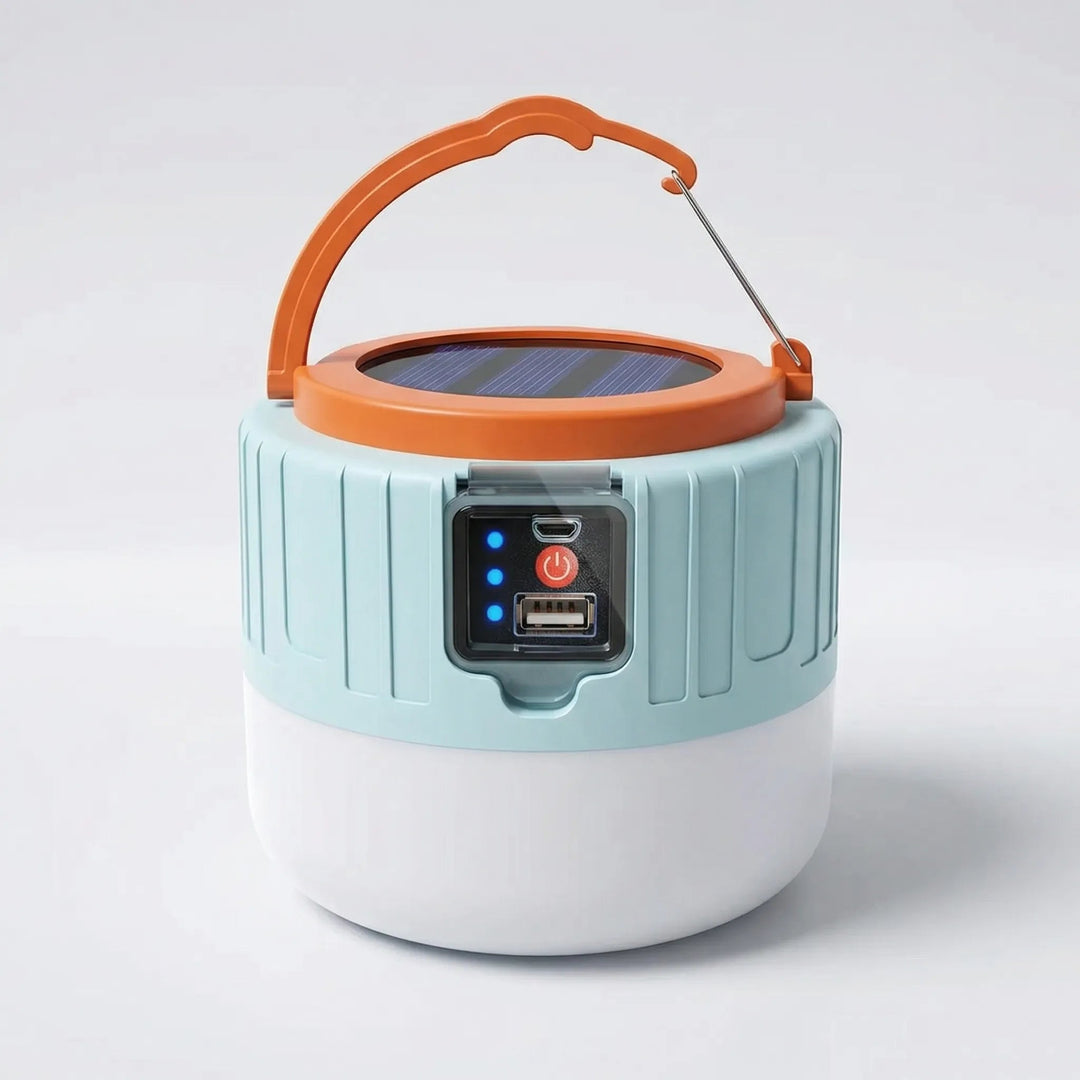 Solar camping lantern in Blue with orange folding hook and top solar panel