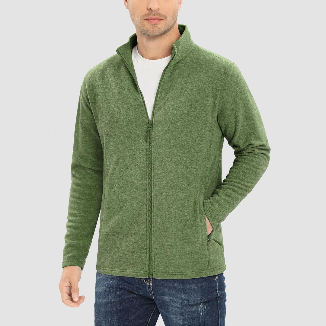 Men's full zip fleece jacket in Army Green, worn, front view