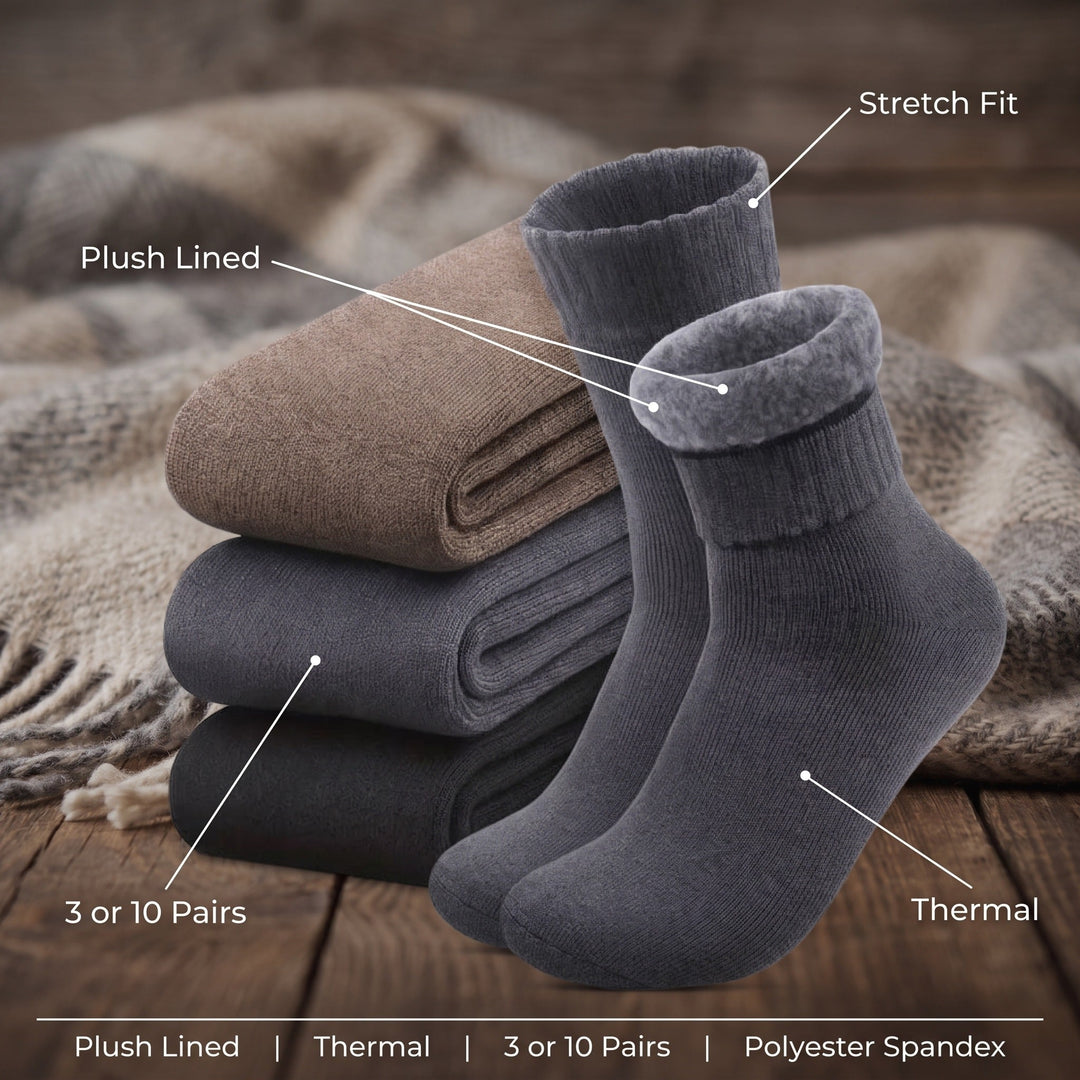 Thermal socks with plush lining stretch fit in packs of 3 or 10 pairs