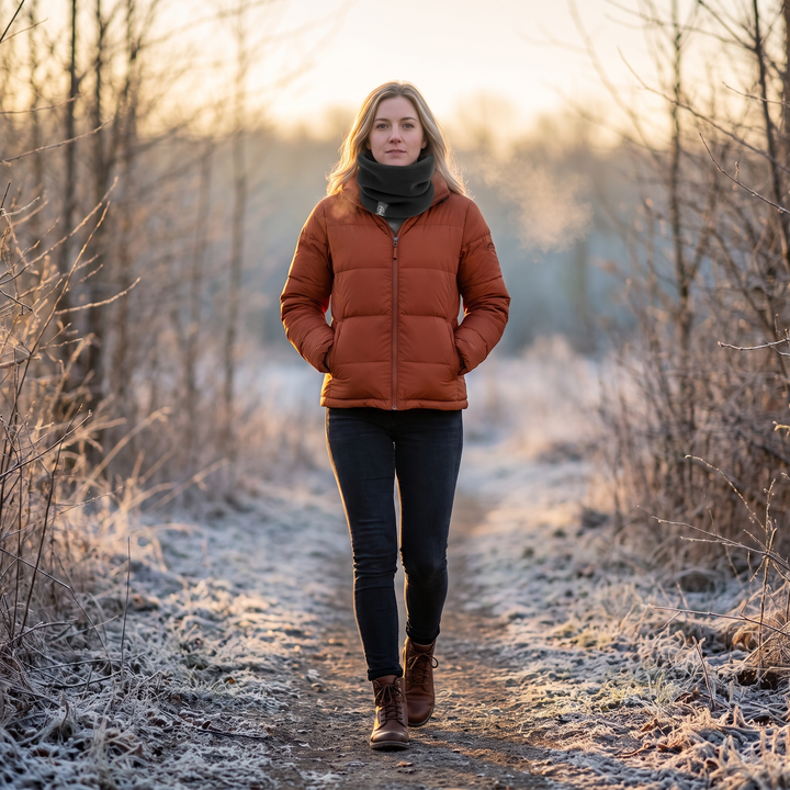 Woman wearing black fleece neck gaiter outdoors on a cold winter morning