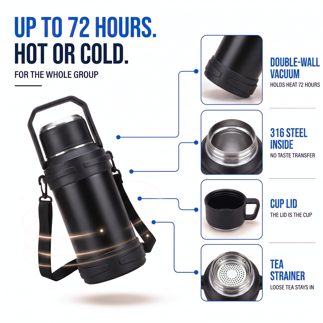 Large thermos with double-wall vacuum 316 steel inside cup lid and tea strainer