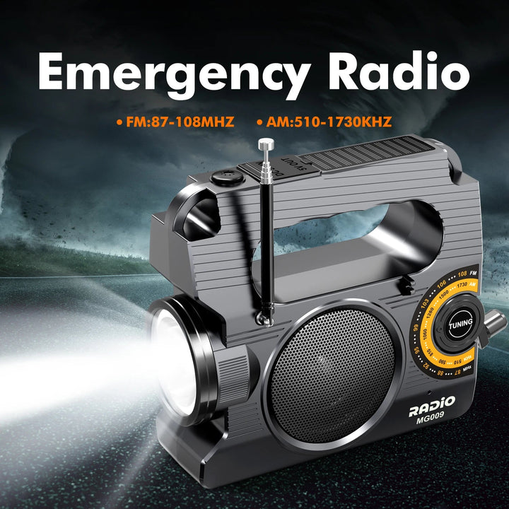 Solar hand crank radio with FM 87 to 108 MHz and AM 510 to 1730 kHz