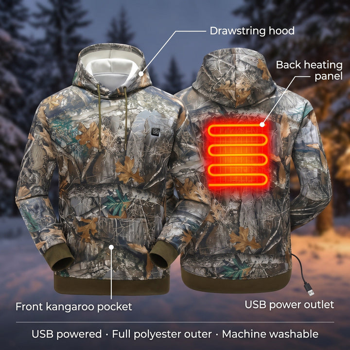 Camo heated hoodie features: drawstring hood, back heating panel, kangaroo pocket and USB power outlet