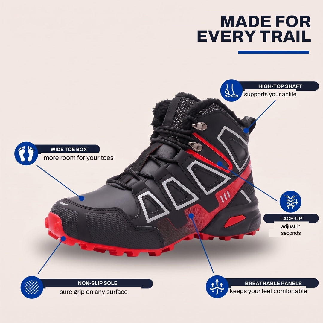 Winter hiking boot features: high-top shaft, wide toe box, lace-up, non-slip sole