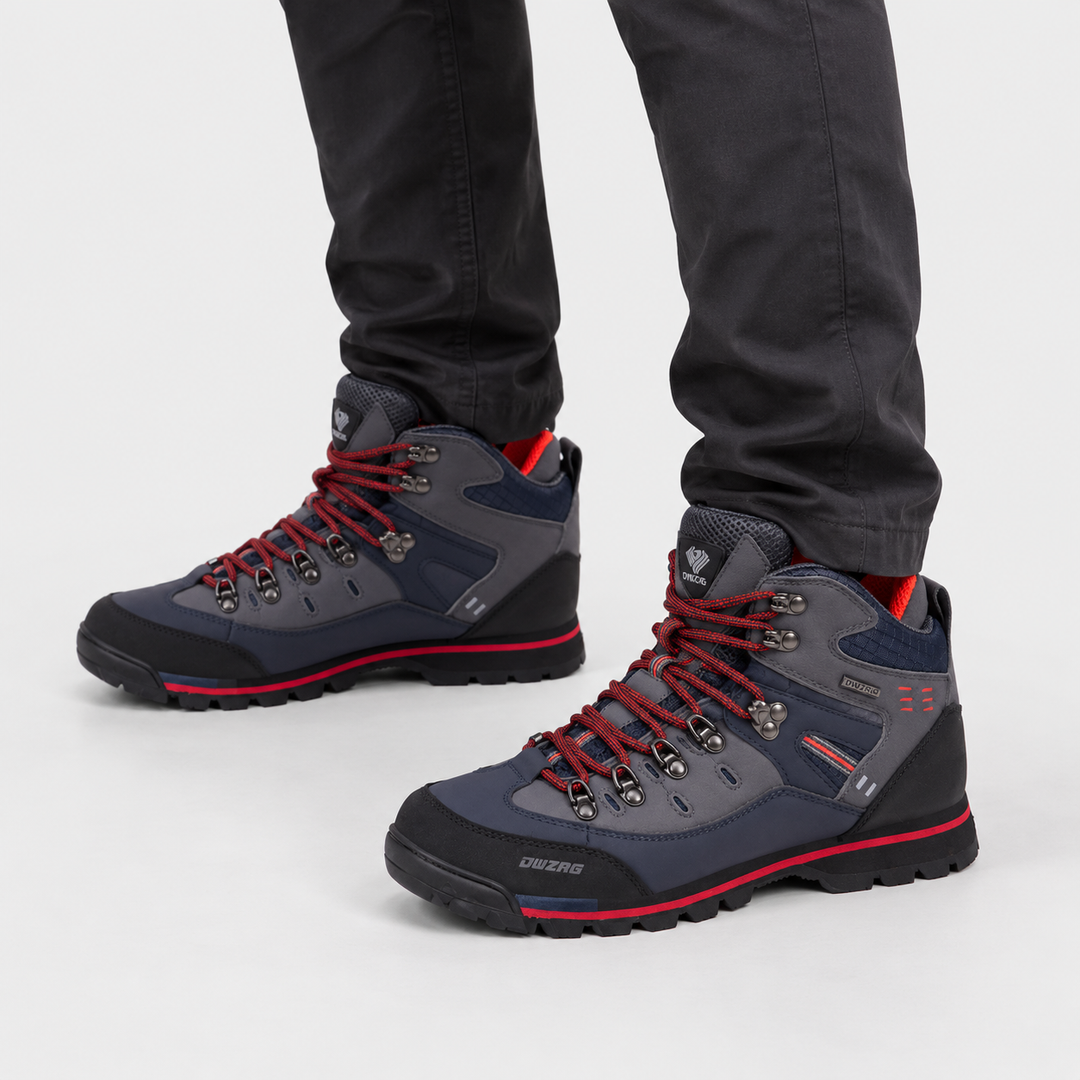 Men's waterproof hiking boots in Gray Red, worn