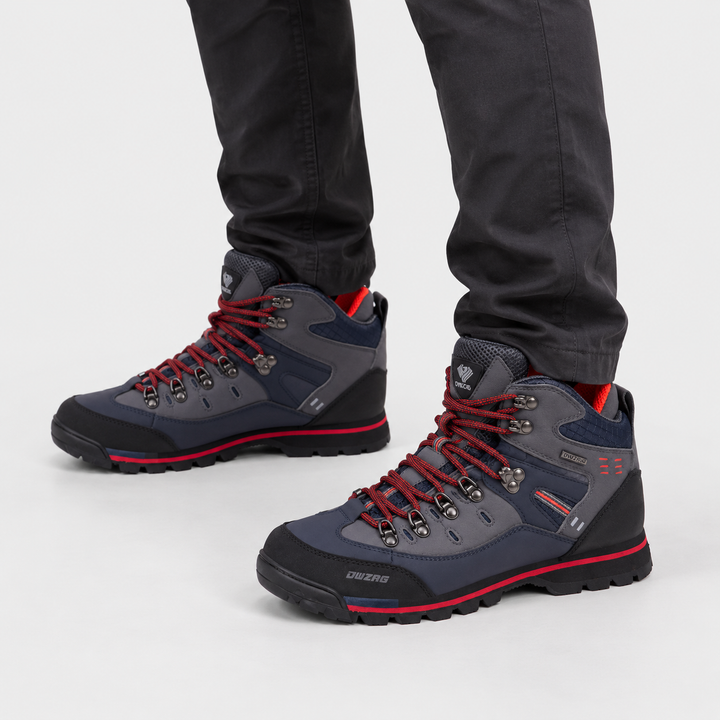 Men's waterproof hiking boots in Gray Red, worn