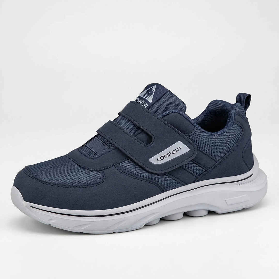 Wide toe box walking sneaker in Dark Blue with velcro strap