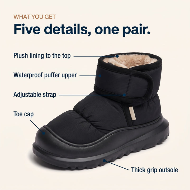 Plush lining, waterproof puffer upper, strap, toe cap and grip outsole