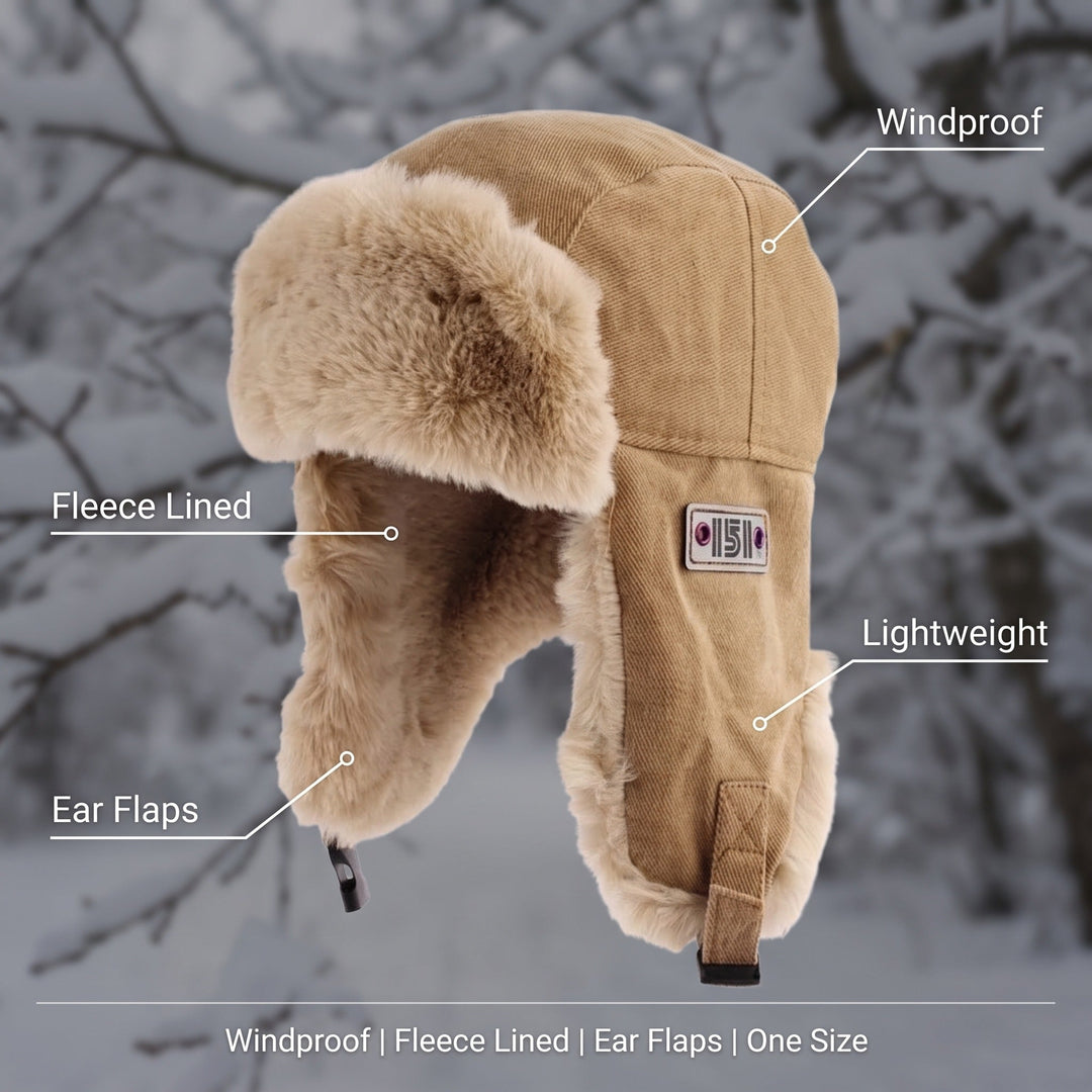 Faux fur trapper hat features - windproof, fleece lined, lightweight, ear flaps, one size