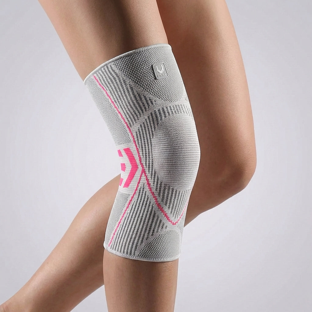 Knit compression knee sleeve in Gray, worn on the knee