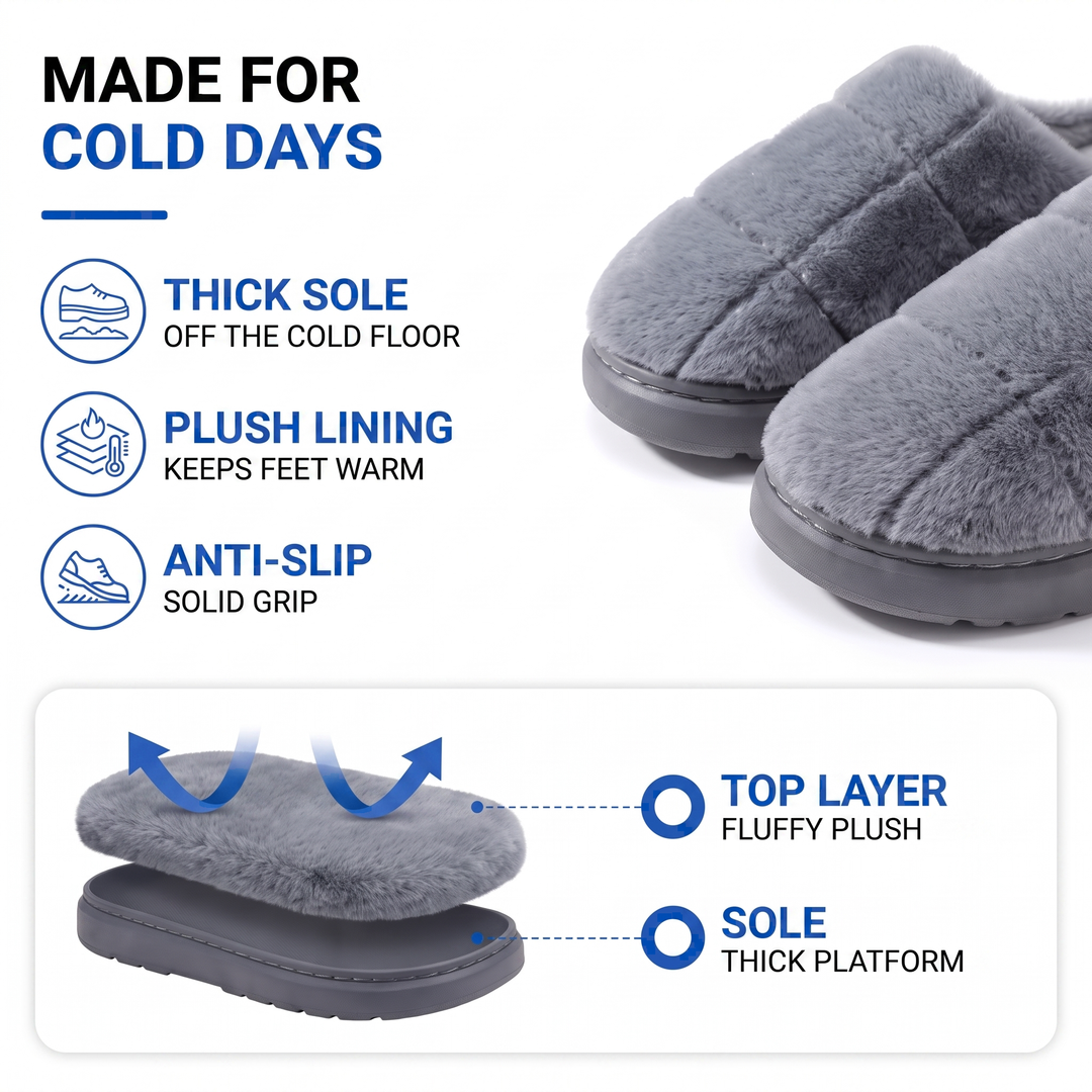 Fuzzy slipper features: thick sole, plush lining, anti-slip outsole
