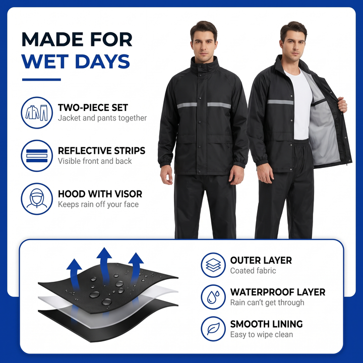 Men's rain suit features: two-piece set, reflective strips, hood with visor, waterproof layer