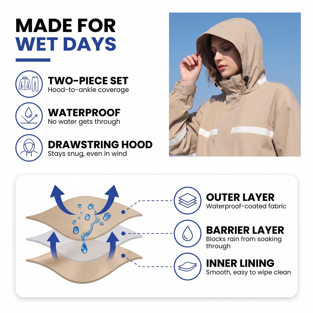 Women's rain suit features: two-piece set, waterproof layers, drawstring hood