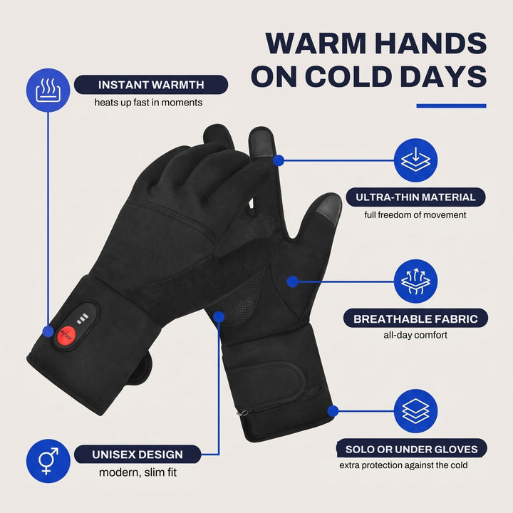 Heated glove liner features: instant warmth, ultra thin material, breathable fabric, solo or under gloves