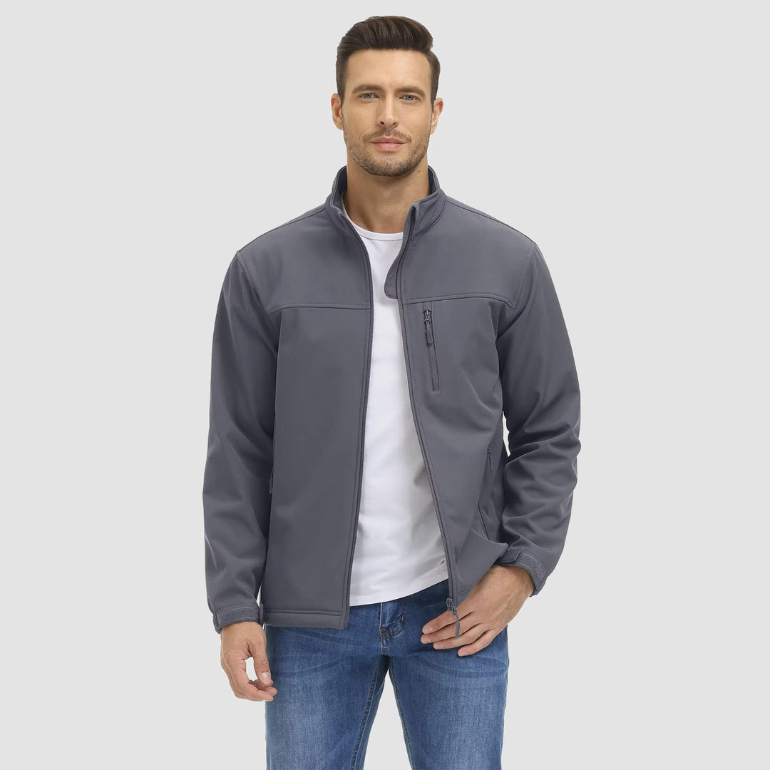 Man wearing the men's fleece lined softshell jacket in Dark Gray