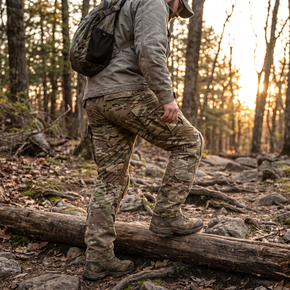 Man wearing the camo combat pants with knee pads on a forest trail