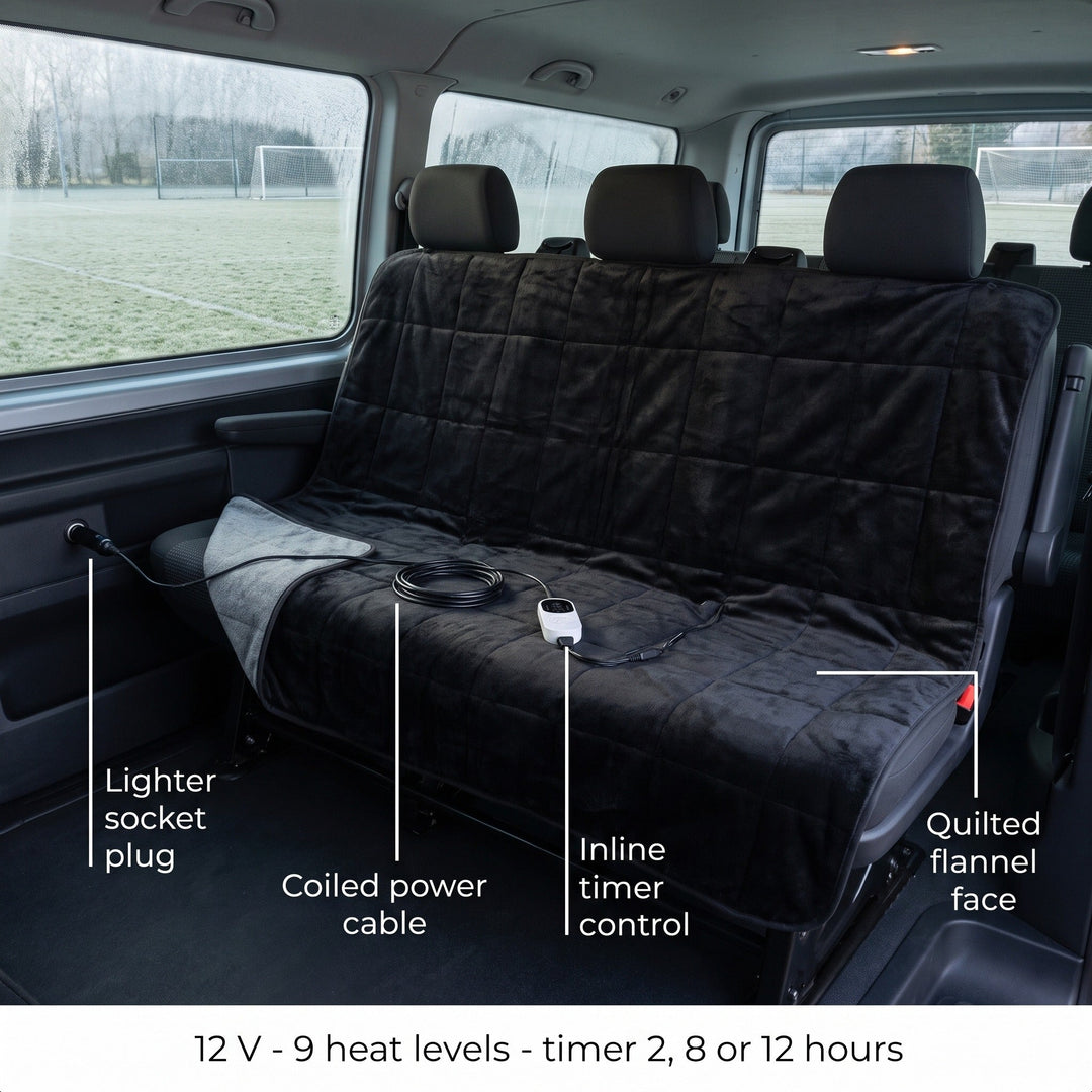 12V heated car blanket on a van bench seat with lighter socket plug, coiled cable and inline timer control