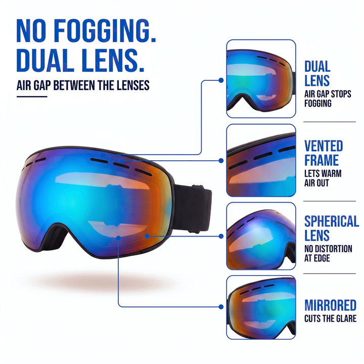 Double lens with air gap, vented frame, spherical lens and mirrored coating