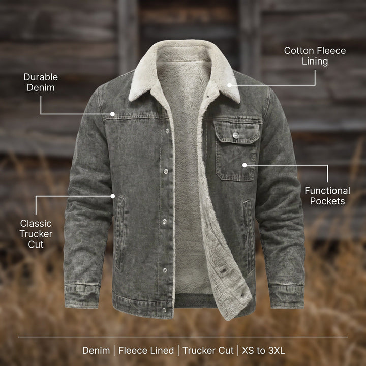 Denim trucker jacket features durable denim cotton fleece lining classic trucker cut and pockets