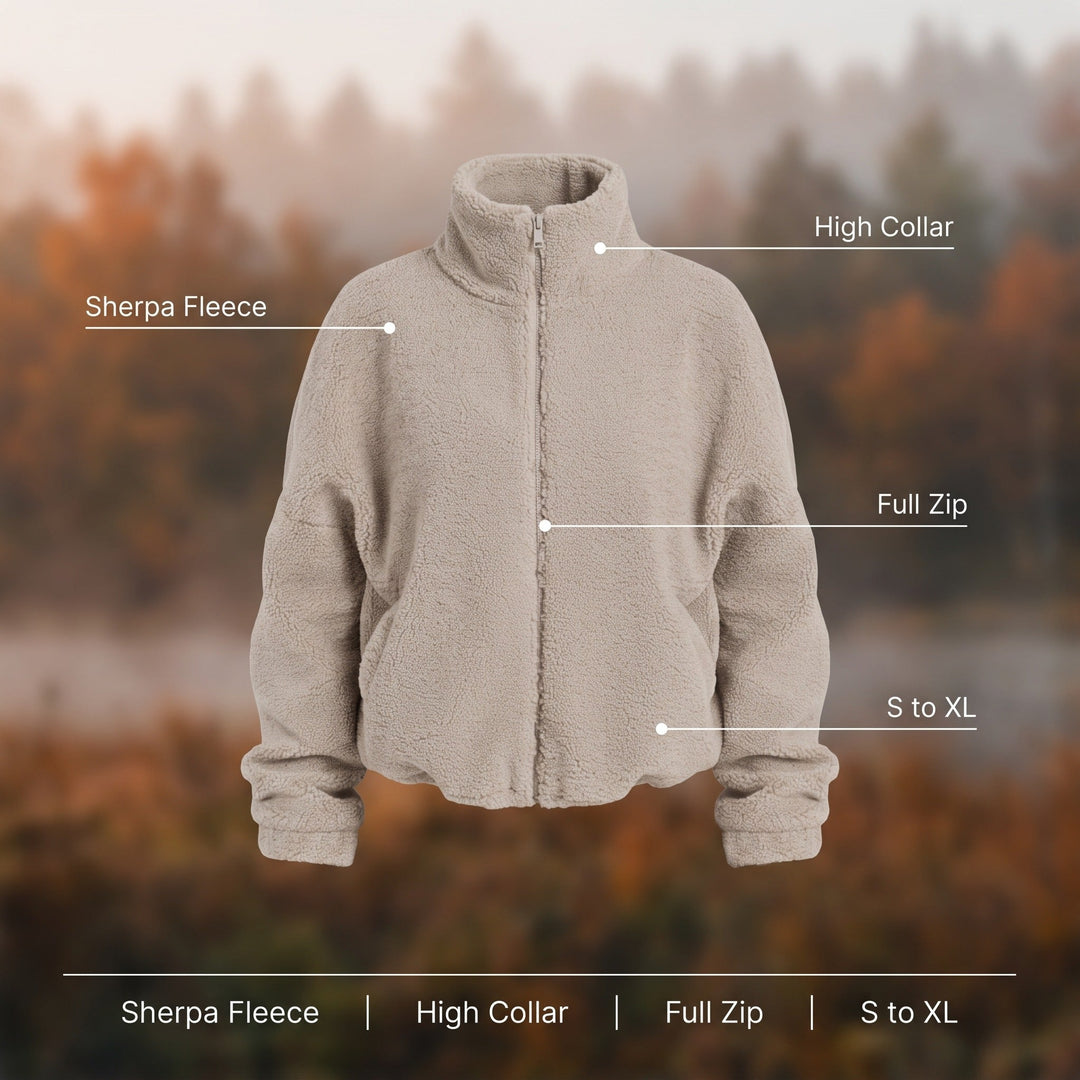 Sherpa fleece jacket features - sherpa fleece, high collar, full zip, sizes S to XL
