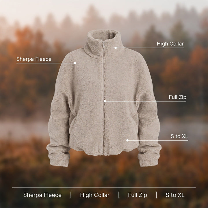 Sherpa fleece jacket features - sherpa fleece, high collar, full zip, sizes S to XL