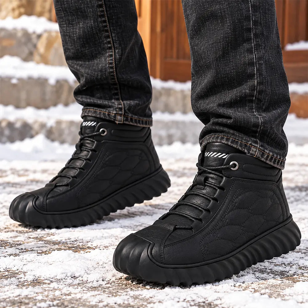 Man wearing black plush lined high top winter sneakers on a snowy street