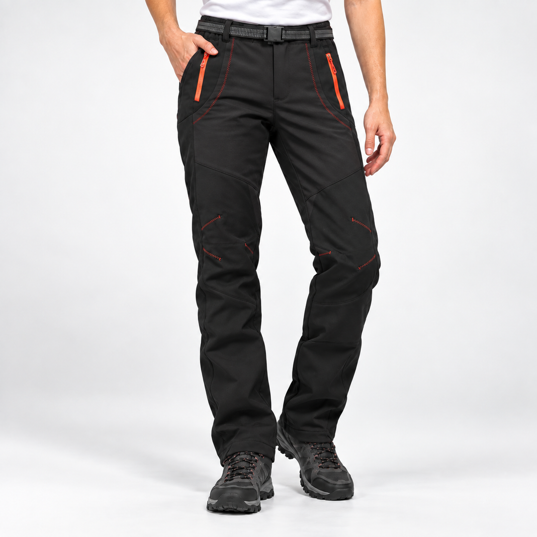 Women's fleece lined hiking pants in Black with belt, front view