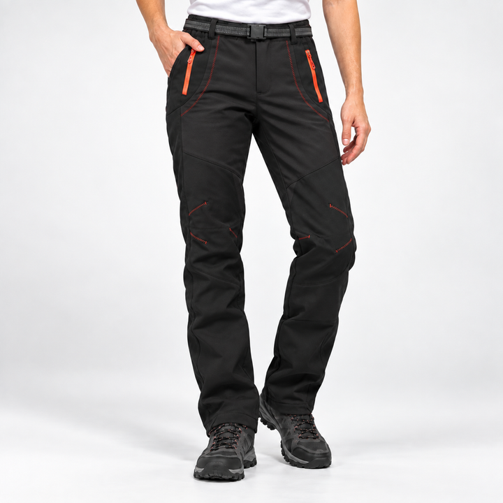 Women's fleece lined hiking pants in Black with belt, front view