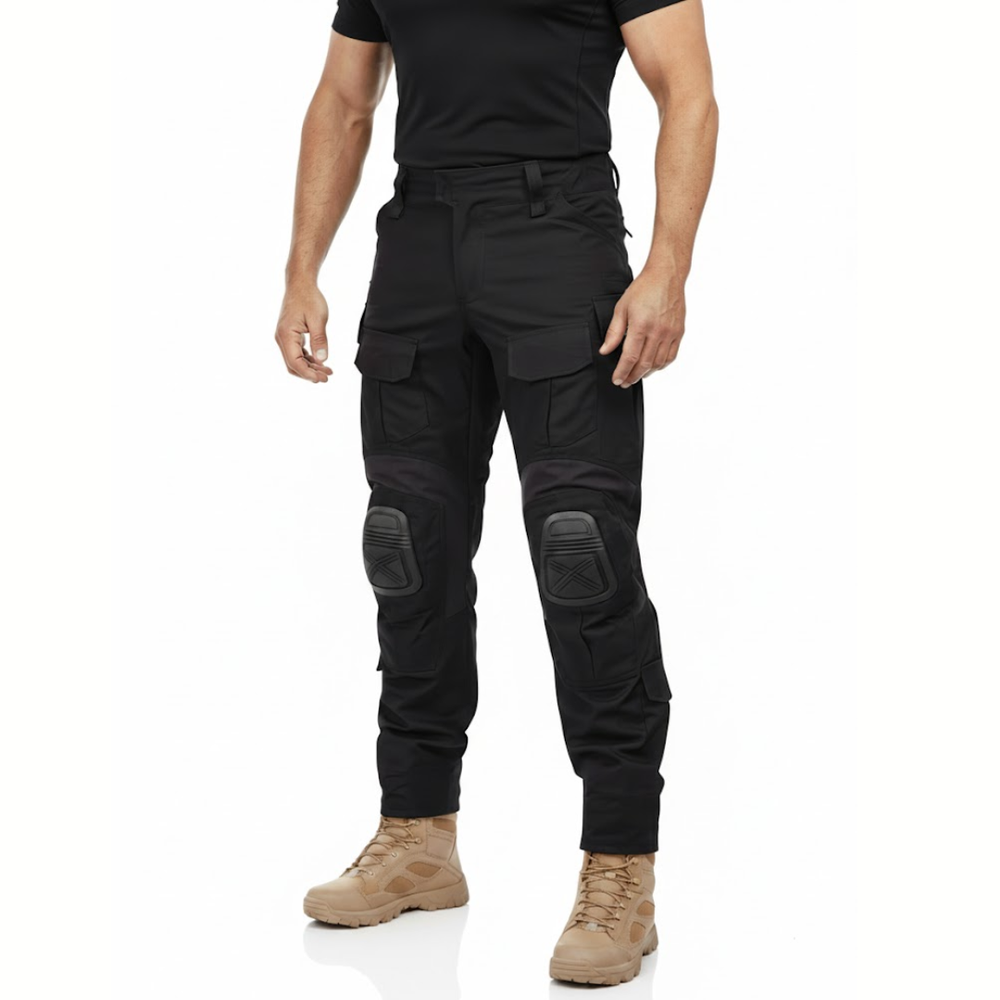 Man wearing the black ripstop work pants with knee pads