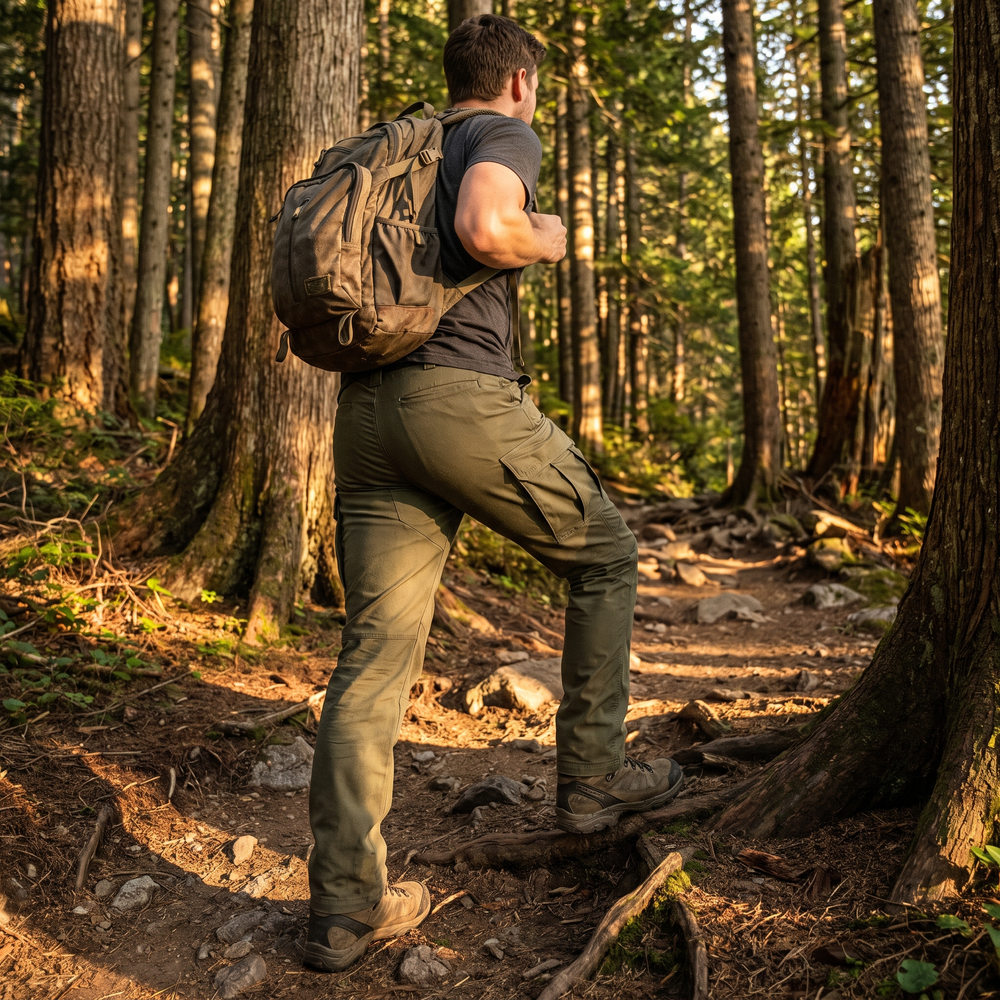 Man hiking a forest trail in the Army Green stretch tactical pants