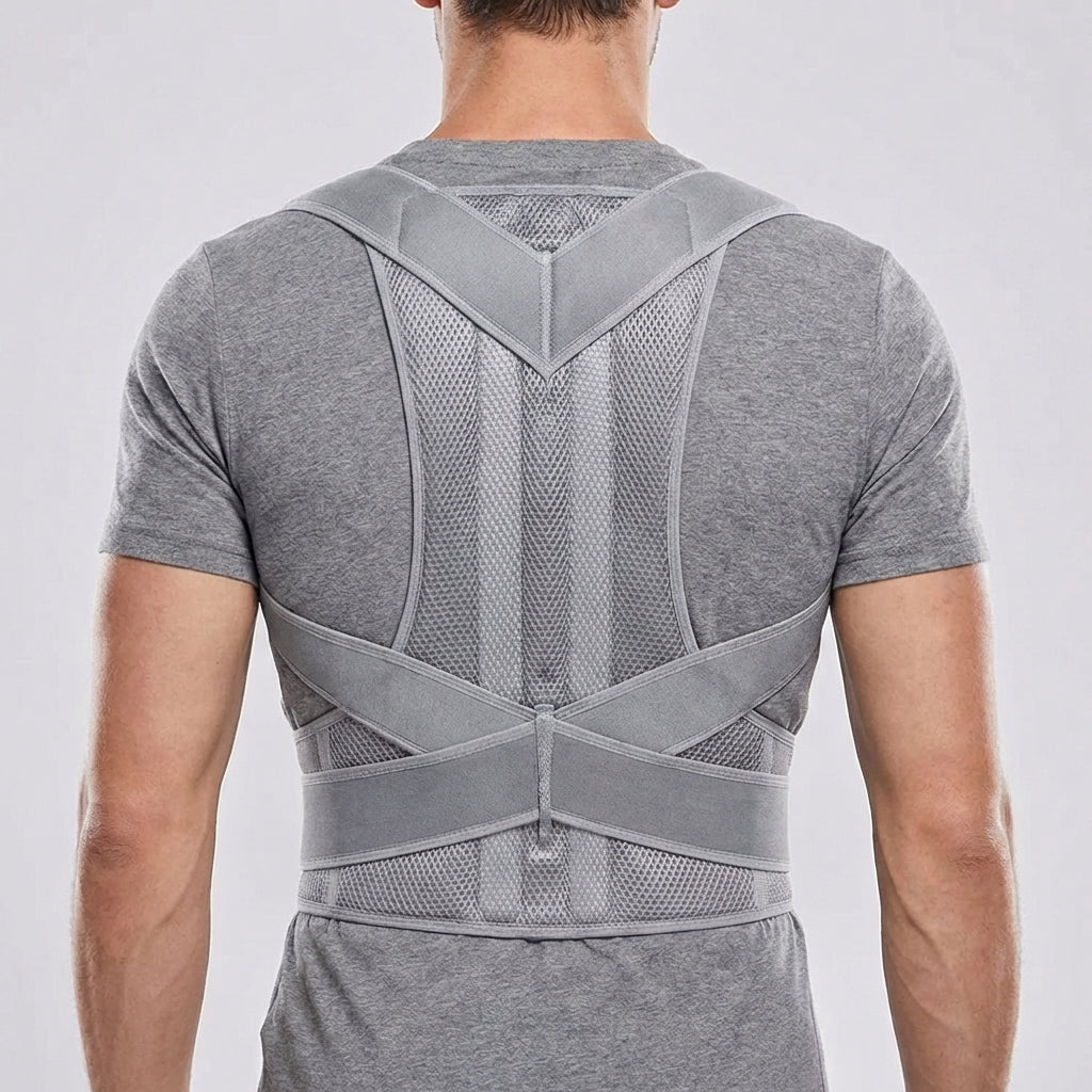 Back brace in Gray worn over a grey T-shirt, back view