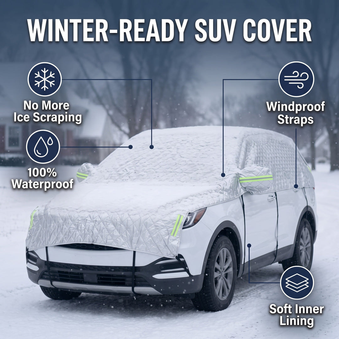 Car snow cover features with waterproof outer layer, straps and soft lining