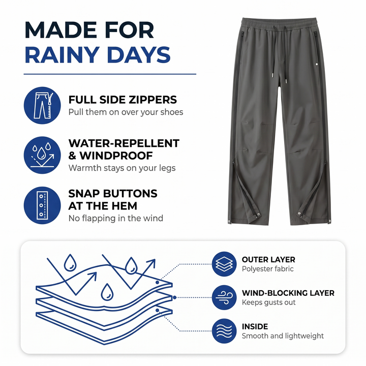Rain pants with full side zips, water-repellent windproof shell and snap buttons at the hem