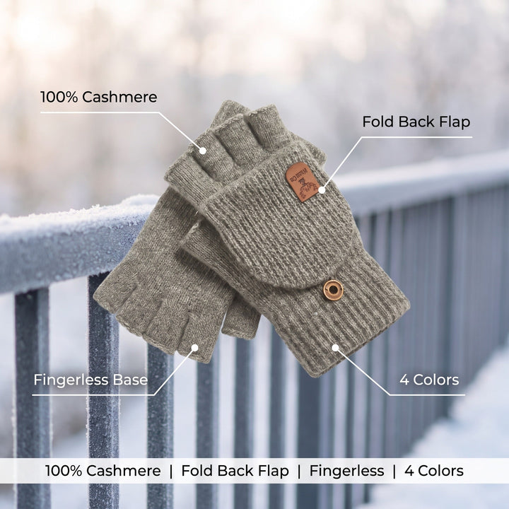 Cashmere convertible mittens features: fold back flap, fingerless base, four colors