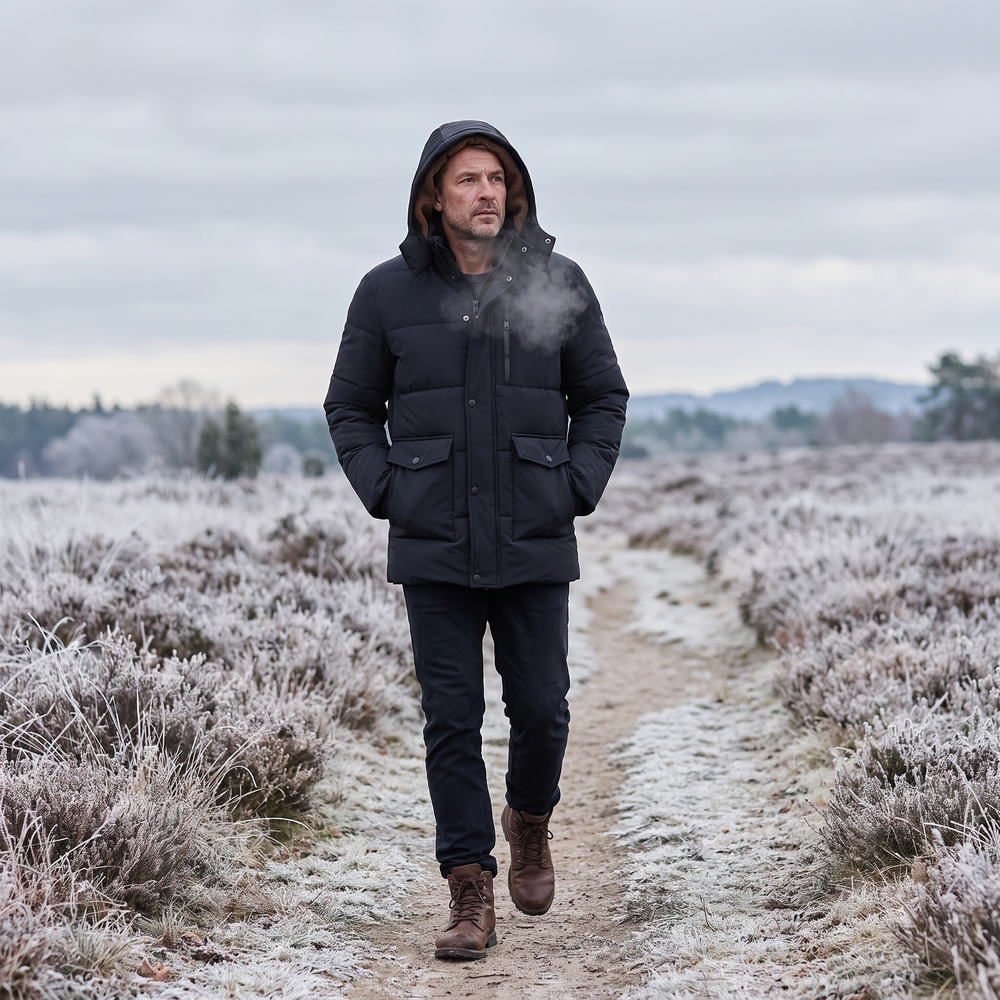 Man wearing the hooded men's winter jacket on a frosty trail