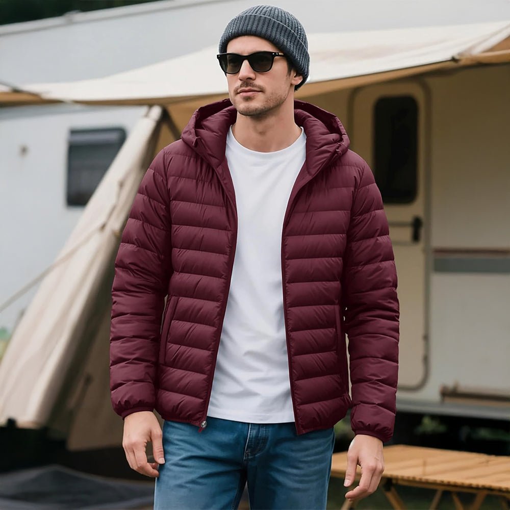 Man wearing the men's hooded puffer jacket in Wine