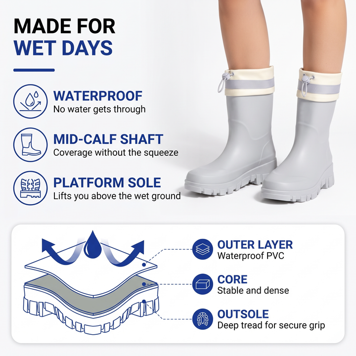 Rain boot features: waterproof PVC outer layer, mid calf shaft, platform sole with deep tread