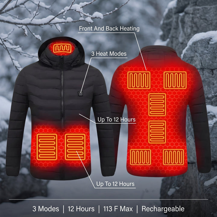 Heated puffer jacket features: front and back heating, 3 heat modes, up to 12 hours, 113 F max